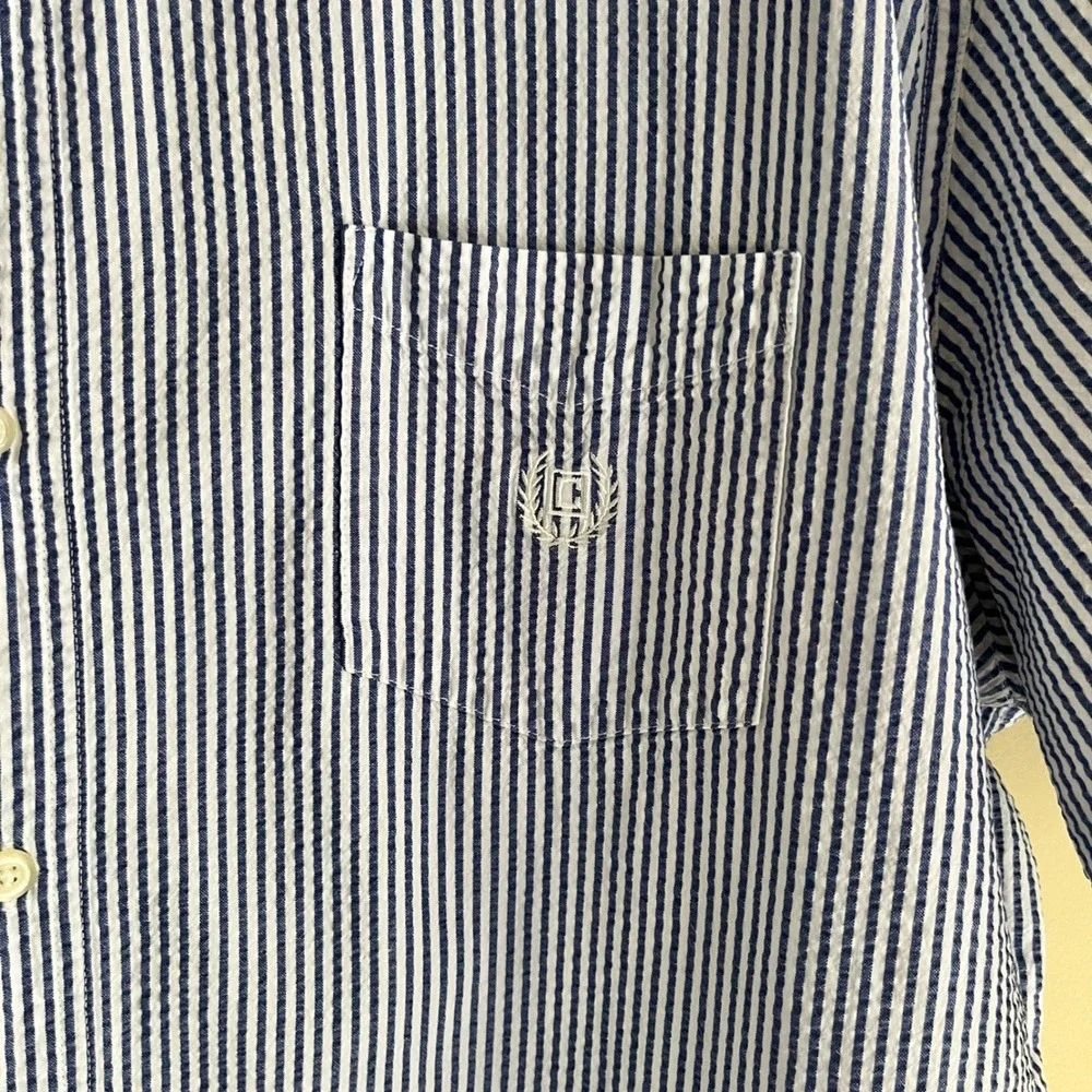 Vintage Seersucker Button Up Shirt Men's XXL Blue White Stripes Classic Preppy